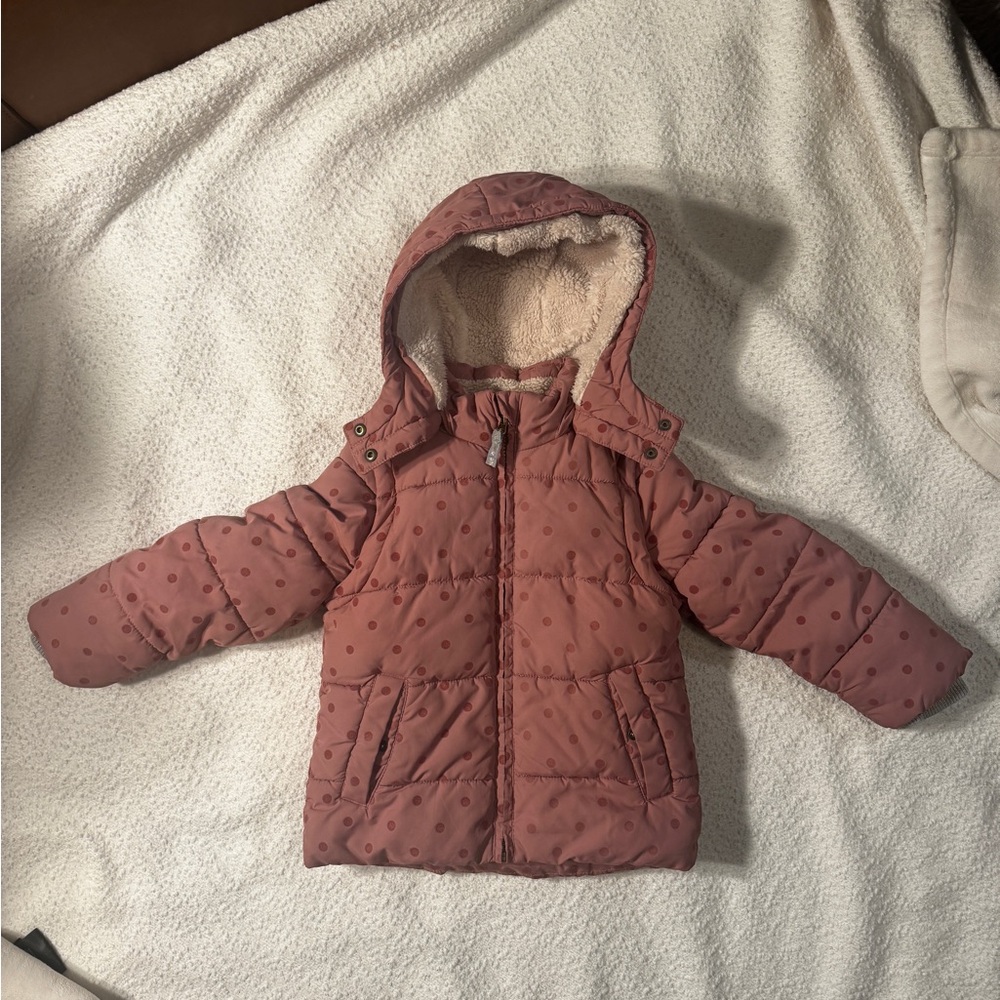 Kids Mauve/Pink Polka Dot Hooded Puffer Jacket